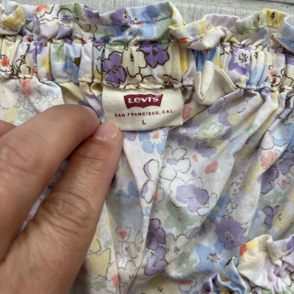 Levis Womens L Floral Smocked Mini Dress With Puff Sleeves & Pockets Coquette - Picture 7 of 9